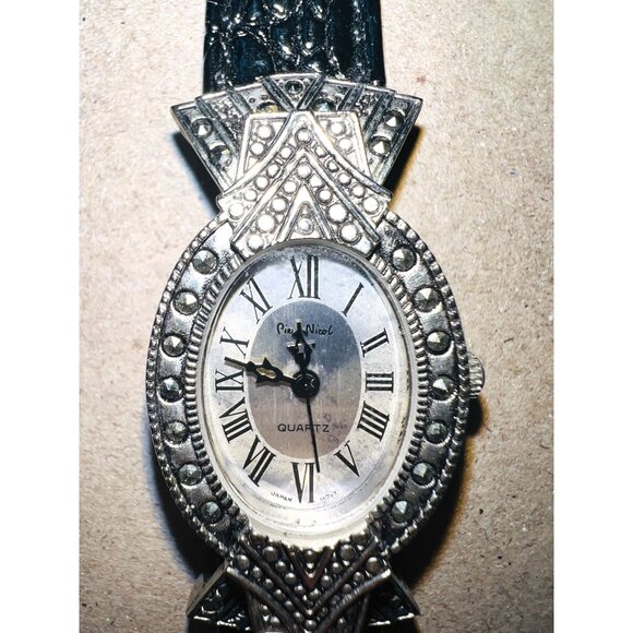 Vintage Pierre Nicol Black Leather Quartz Watch Ornate Silver-Tone Face Roman Nu - Picture 1 of 4